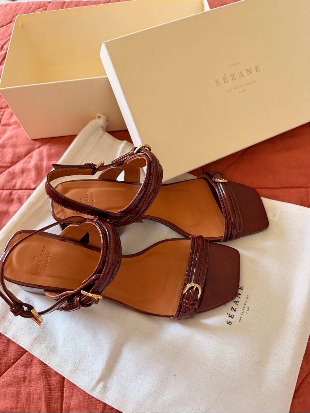 Sezane Dark Brown Leather Buckle Block Heel Sandals - Picture 3 of 5